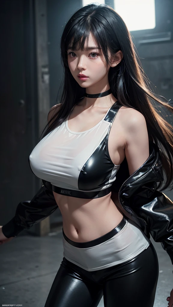 grey background blank, girl, ulzzang, fit body, healthy skin, long hair with bangs, black latex leggings with reflective effect, white tanktop shirt, bomber jacket, choker, standing pose, professional model, beautiful, big boob, high detailed face, amateur taken style photo, high detailed anatomy, high detailed texture images, flash light comes from the front, realistic, cinematic shot, dynamic lighting, 75mm, Technicolor, Panavision, cinemascope, sharp focus, fine details, 8k, HDR, realism, realistic, key visual, film still, cinematic color grading, depth of field