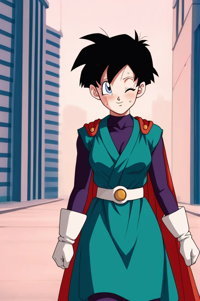 source_anime, score_9, score_8_up, score_7_up, anime screencap,8k, absurd res,
videl, great saiyaman, (1girl), (solo), (looking at viewer), (blush), (smile), (short hair), (blue eyes), building, (black hair), (city), (sweat), (one eye closed), red cape, (spiked hair), (;), green tunic, arms at sides, cowboy shot, purple bodysuit, white gloves