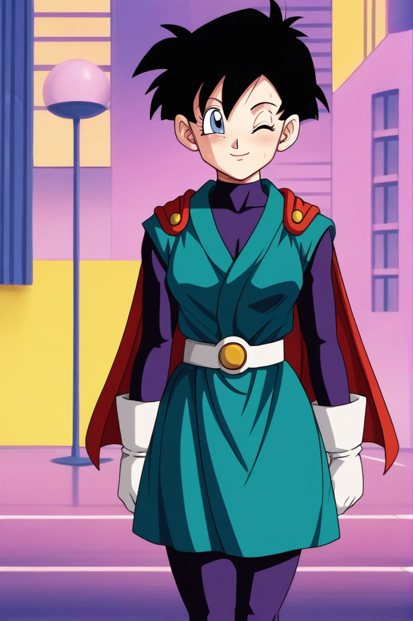 source_anime, score_9, score_8_up, score_7_up, anime screencap,8k, absurd res,
videl, great saiyaman, (1girl), (solo), (looking at viewer), (blush), (smile), (short hair), (blue eyes), building, (black hair), (city), (sweat), (one eye closed), red cape, (spiked hair), (;), green tunic, arms at sides, cowboy shot, purple bodysuit, white gloves