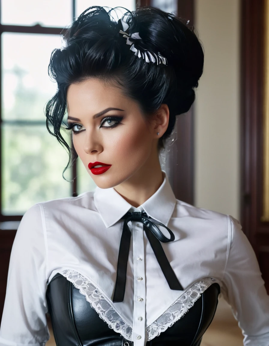 A cinematic image, Amazing maid model, a black very magnificent hairstyle, a black leather corset, a white office shirt collar, eyeliner makeup, a black long leather skirt, in high lace-up boots. a room in a mansion flooded with sunlight, a white collar office shirts, leather gloves, eyeliner, black leather shoes, very red lips.
