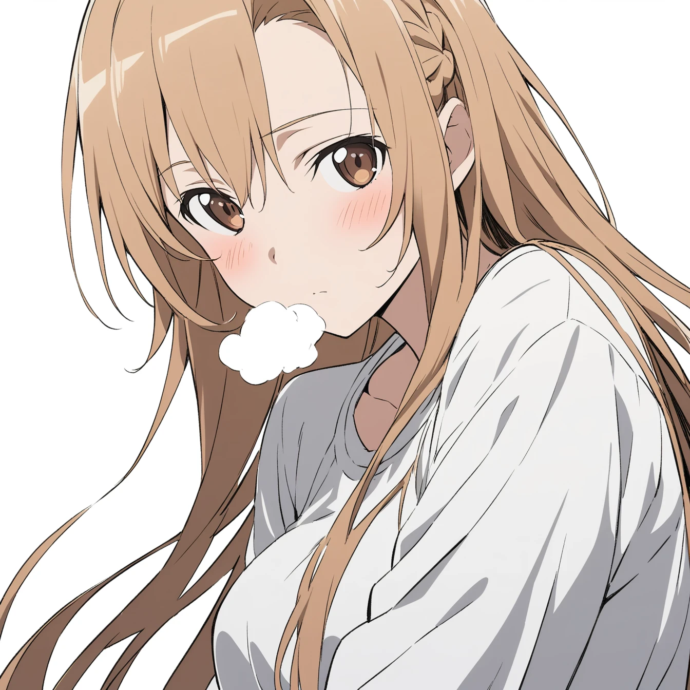 1 Girl, Asuna，Sword Art Online，，Solitary, Viewers, Pure white background，blush, Brown eyes,breathe, avatar，Half Body，Comic style without color，angle, masterpiece, best quality
