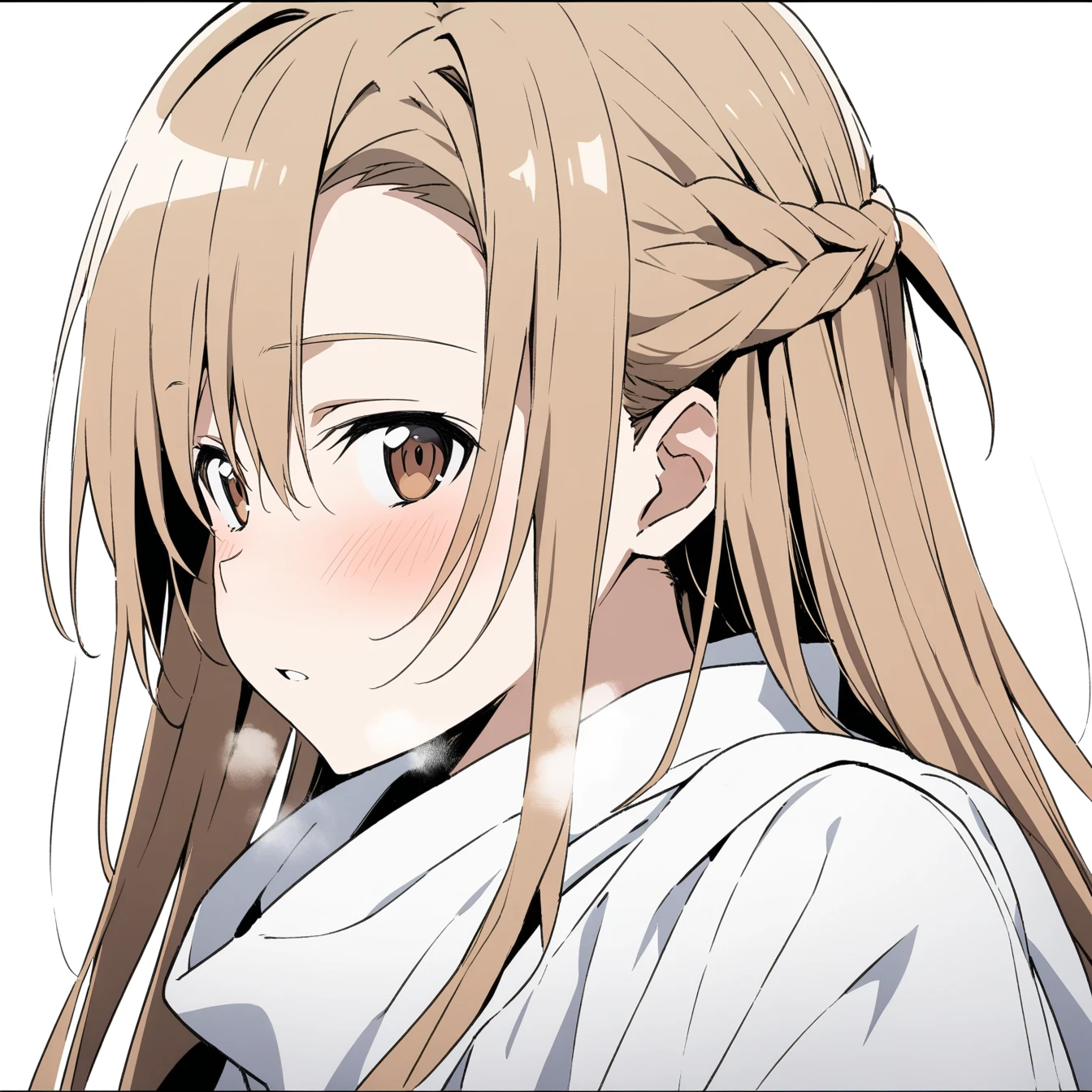 1 Girl, Asuna，Sword Art Online，，Solitary, Viewers, Pure white background，blush, Brown eyes,breathe, avatar，Half Body，Comic style without color，angle, masterpiece, best quality