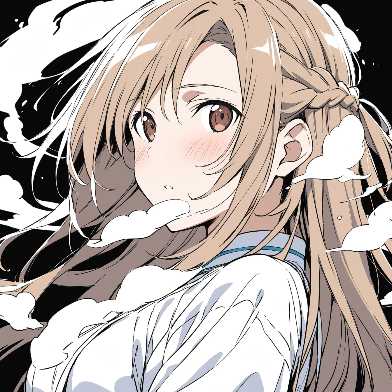 1 Girl, Asuna，Sword Art Online，，Solitary, Viewers, Pure white background，blush, Brown eyes,breathe, avatar，Half Body，Comic style without color，angle, masterpiece, best quality