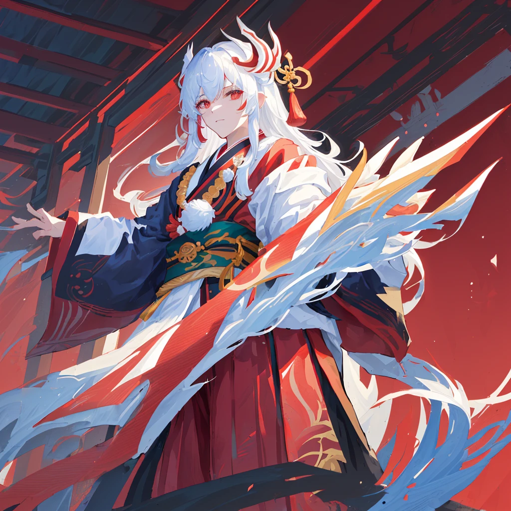 There is one with a white beard、man wearing red belt, Onmyoji portrait, Onmyoji detailed art, Keqing from genshin impact, 《Genshin Impact》Zhongli, Inspired by Huang Shen, dragon, Onmyoji, g liulian art style, inspired by Cao Zhibai, author：Yang J, bian lian，((Pure red background))