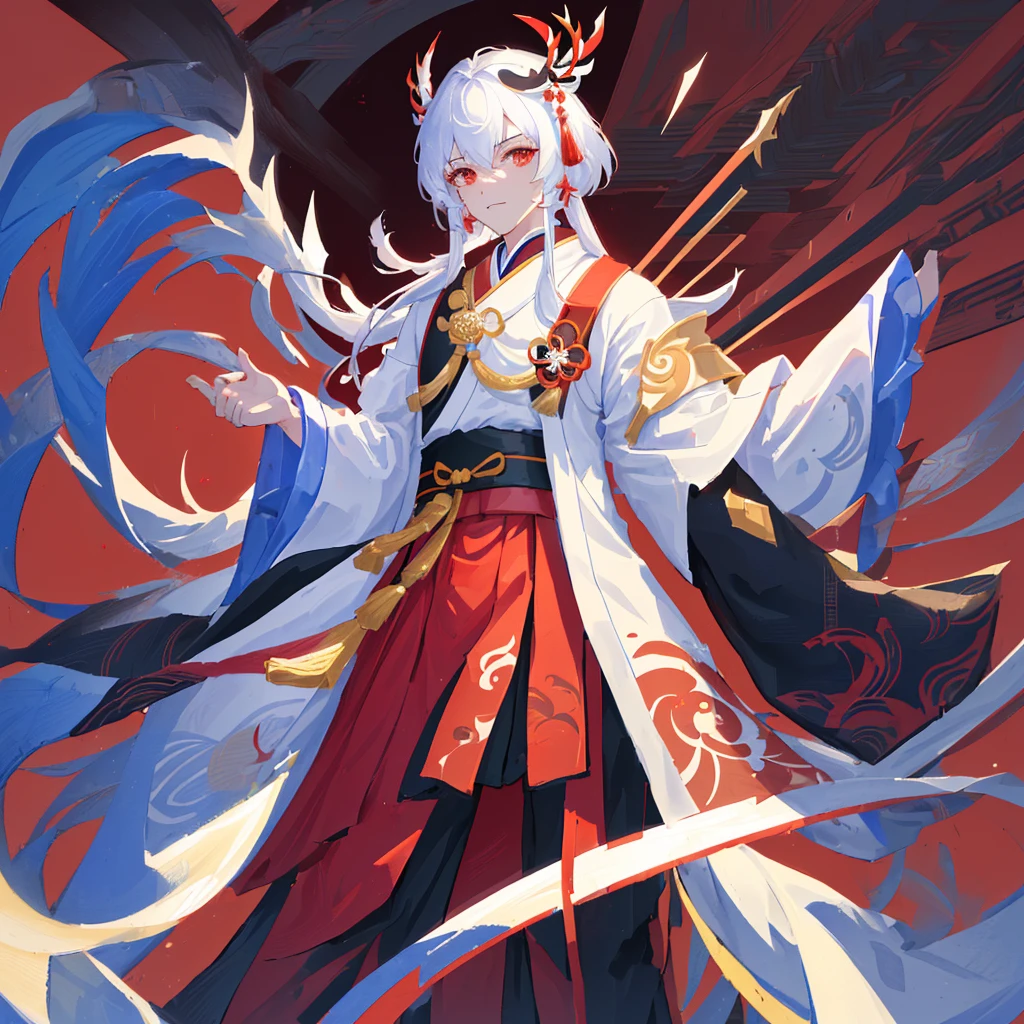 There is one with a white beard、man wearing red belt, Onmyoji portrait, Onmyoji detailed art, Keqing from genshin impact, 《Genshin Impact》Zhongli, Inspired by Huang Shen, dragon, Onmyoji, g liulian art style, inspired by Cao Zhibai, author:Yang J, bian lian,((Pure red background))