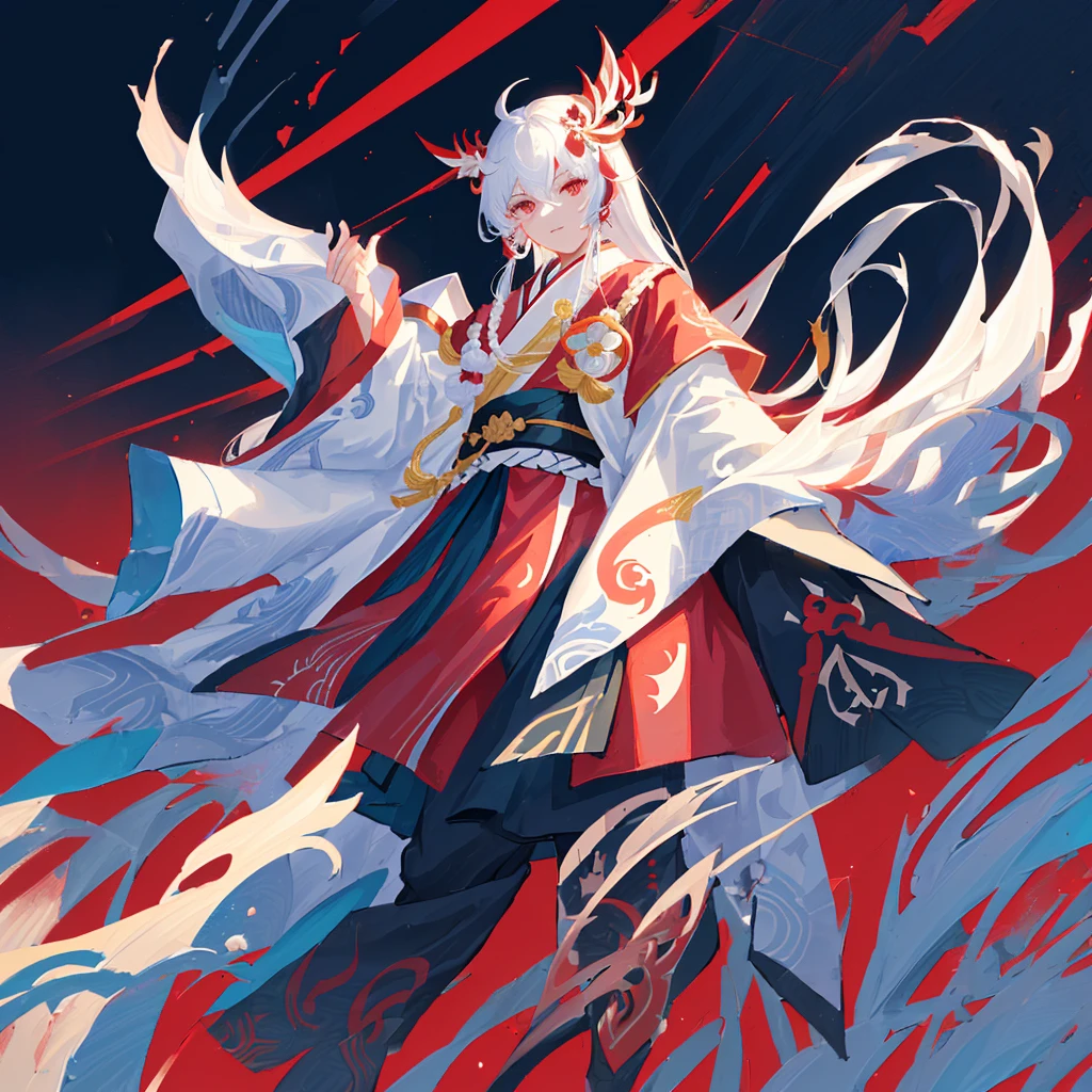 There is one with a white beard、man wearing red belt, Onmyoji portrait, Onmyoji detailed art, Keqing from genshin impact, 《Genshin Impact》Zhongli, Inspired by Huang Shen, dragon, Onmyoji, g liulian art style, inspired by Cao Zhibai, author:Yang J, bian lian,((Pure red background))