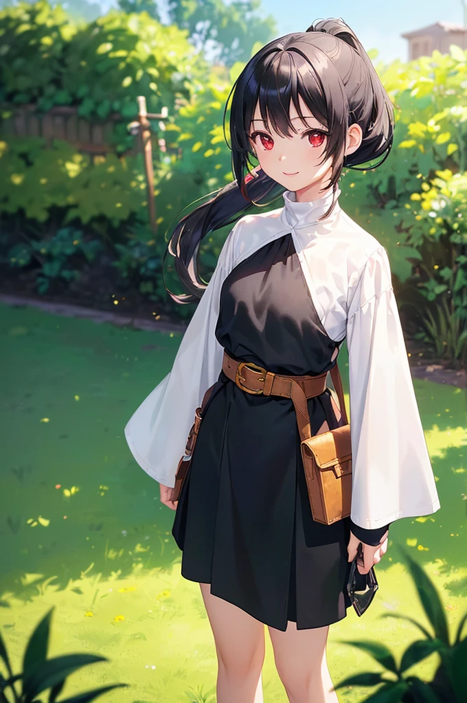 (masterpiece; best quality: 1.2), (finely detailed eyes: 1.3), ((10 year old female ???)), ((solo)), (red eyes: 1.4), (body; short, slender, small breasts: 1.3), (black hair in ponytail: 1.3), (beautiful and clear background: 1.2), ((depth of field)), (clothes: wanderer mage attire + white-and-gold wide-sleeve high-neck shirt + long black skirt + belts + traveler pouches and satchel: 1.3), (anime illustration: 1.2), (background; garden exterior: 1.1), (extremely fine and beautiful: 1.1), (shot composition; standing + centered on torso + close-up: 1.5), (expression; calm, smile: 1.2)