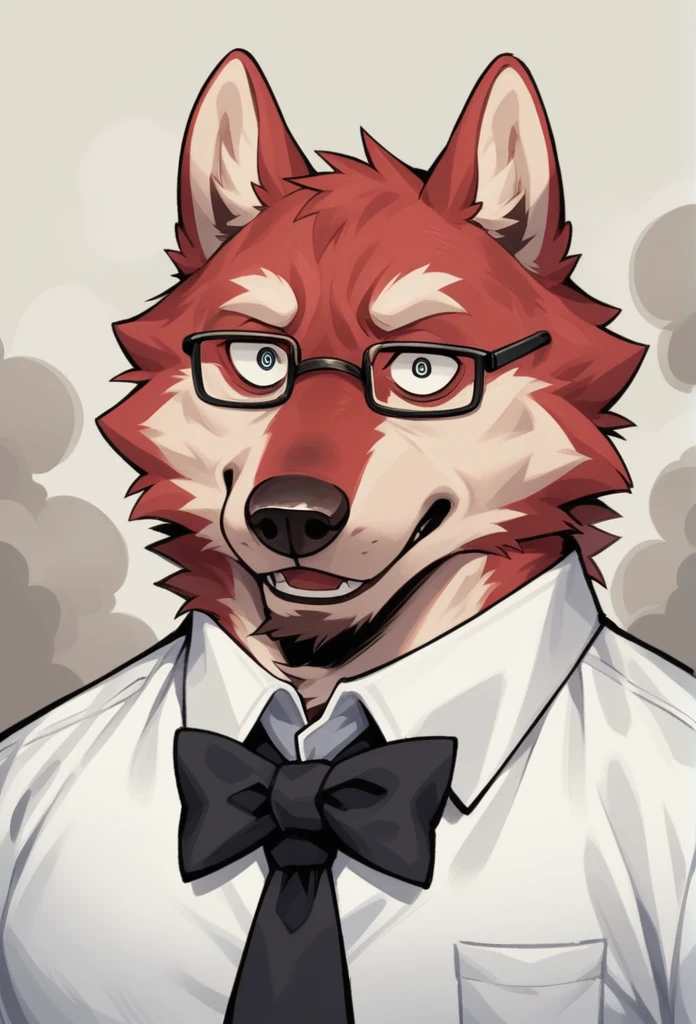 (Masterpiece, Best Quality), , intricate details, bionde, move, wavy fur, looking at the viewer, Upper part of the body, School, FOG, uniforme de School. anthro, furry, ,wear glasses, male wolf, Bright Eyes,eyes are green,With black bow,White belly,The tip of the tail is white,Meatballs Pink,hairy,hairy male ,Flower Charcoal,(Body hair, hairy tail, Red fur,)