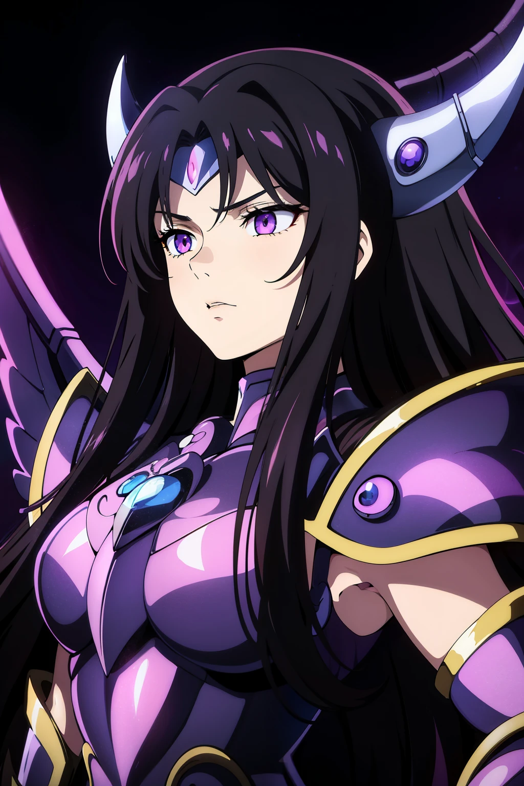 (high-quality, breathtaking),(expressive eyes, perfect face) portrait, Symmetrical Eyes, 1girl, female, solo, adult, black hair color, red purple coloured eyes, medium hair length, side bangs, fluffy hair, looking at viewer, portrait, black background, narrow eyes, soft eerie blue lighting background, rock terrain background, Hades Armor, Hypnos Saint Seiya Armor, Thanatos Saint Seiya Armor, Dark Purple Armor, trim, full plate, feminine face, half body shot, glowing eyes, evil eyes, horns
