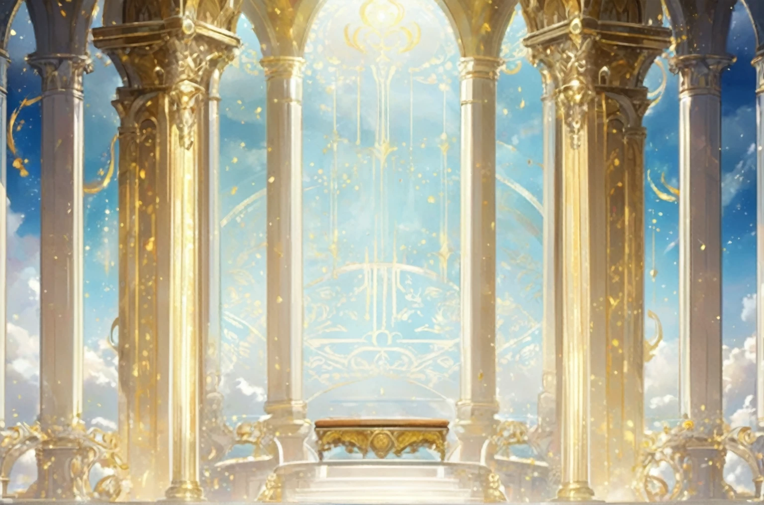 Close up of a large arch with columns and sky background, Palace Background, Kingdom of Light Background, Stunning mysterious background, Cathedral Background, interior background technology, background technology, The Golden Throne Room, Temple Background, Arena Background, Random background scenes, ballroom background, Arena Background, anime background technology, odin's stone Arena Background, exquisitely designed The Golden Throne Room