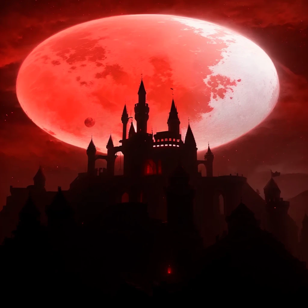 there is a castle in the middle of a red sky, blood Moon background, shadowy castle background, blood Moon, during a blood Moon, praise the blood Moon, dark castle background, in a castle on an alien planet, blood Red Moon, full blood Moon, inspired by Castlevania, huge Red Moon, castle background, detailed crimson moon, Red Moon, blood temple