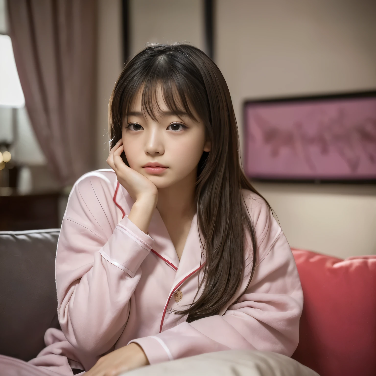 (Best-quality, Masterpiece, Ultra-High-Resolution, (Photorealistic:1.4), Raw Photo, depth of field, professional lighting, perfect anatomy, extremely details), 1girl, 15-years-old, the most famous Japanese idol,
sitting on sofa in private-room,
wearing extremely sloopy pajamas,
((((ingested large amounts of illegal-drugs, (comatose)))))