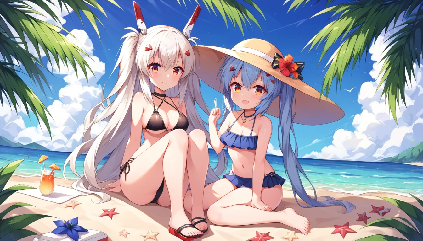 ((2girls:1.3)), ((moe style:1.3)), laffey_(azur_lane), ayanami_(azur_lane), azur lane, full body, ((beach:1.3)), pyramids, ((perfect face)), ((extremely cute:1.3)), ((masterpiece:1.3)), ((8k)), ((best quality:1.3)), ((beautiful)), ((extremely detailed:1.3)) , ((absurdres)), AddXL, ((score_9:1.3)), ((score_8_up:1.3)), ((score_7_up:1.3))