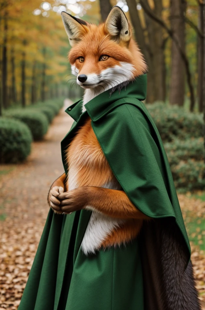 A furry fox with a green shirt and a brown cape