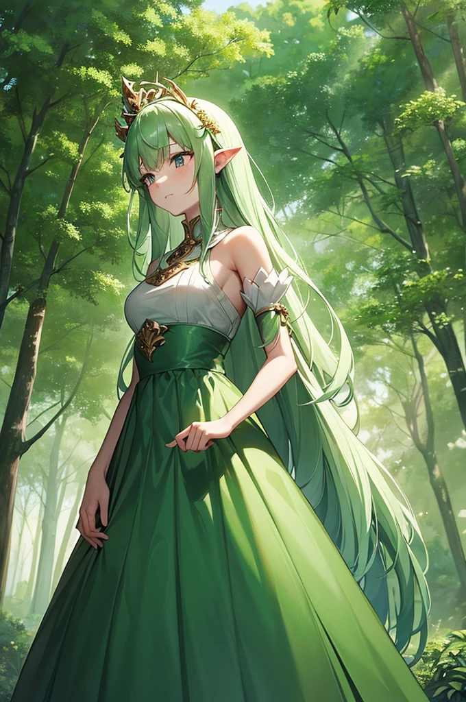 Content:
An anime princess with a long, white dress that covers most of her body. She has her hands at her sides, and her crown is made of twigs and branches, symbolizing her deep connection and care for nature. The background is a lush, vibrant forest.
Medium:
Digital art, anime illustration.
Style:
Inspired by ethereal and nature-themed anime art, with a focus on detailed and whimsical fantasy elements. Incorporates elements of classic anime princess designs and natural aesthetics.
Lighting:
Soft, natural lighting that filters through the forest canopy, casting gentle dappled light on the princess and her surroundings.
Colours:
A palette dominated by whites, greens, and earthy browns, emphasizing her purity and harmony with nature. The forest background features various shades of green, with highlights of flowers and foliage.
Composition:
A full-body shot, capturing her standing gracefully among the trees. The twig and branch crown is prominent, adding to her natural and regal appearance. The forest background complements her connection to nature, enhancing the overall serene and mystical atmosphere.