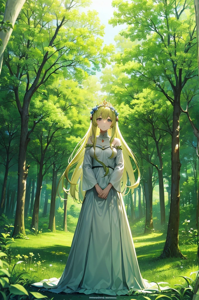 Content:
An anime princess with a long, white dress that covers most of her body. She has her hands at her sides, and her crown is made of twigs and branches, symbolizing her deep connection and care for nature. The background is a lush, vibrant forest.

Medium:
Digital art, anime illustration.

Style:
Inspired by ethereal and nature-themed anime art, with a focus on detailed and whimsical fantasy elements. Incorporates elements of classic anime princess designs and natural aesthetics.

Lighting:
Soft, natural lighting that filters through the forest canopy, casting gentle dappled light on the princess and her surroundings.

Colours:
A palette dominated by whites, greens, and earthy browns, emphasizing her purity and harmony with nature. The forest background features various shades of green, with highlights of flowers and foliage.

Composition:
A full-body shot, capturing her standing gracefully among the trees. The twig and branch crown is prominent, adding to her natural and regal appearance. The forest background complements her connection to nature, enhancing the overall serene and mystical atmosphere.