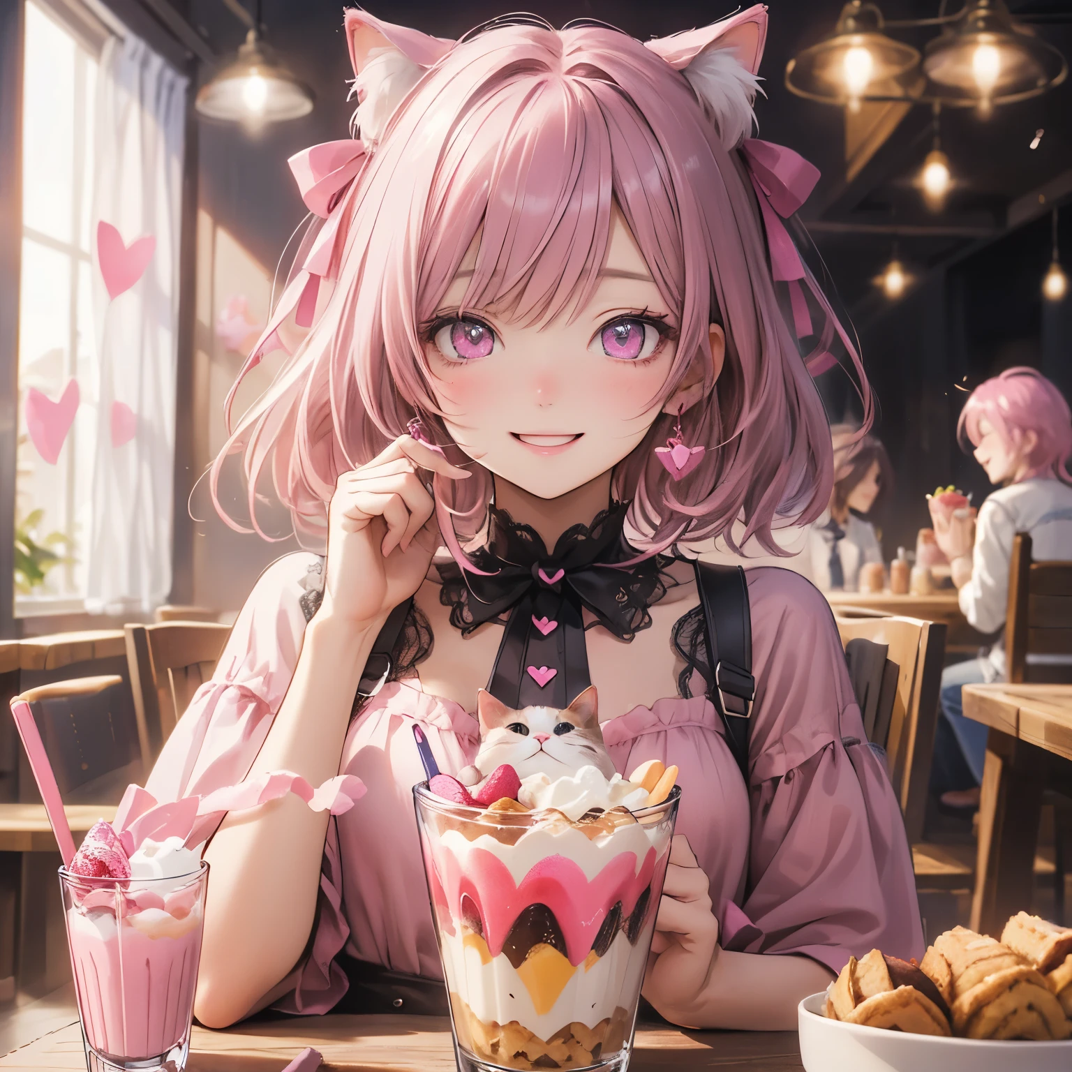 (masterpiece), Highest quality, Ultra-high resolution,A cat wearing a deep pink ribbon、Dark pink hair、Deep pink eyes、Dark pink clothes、Eat a parfait at a cafe、happiness、heart、sweet、Laughing happily