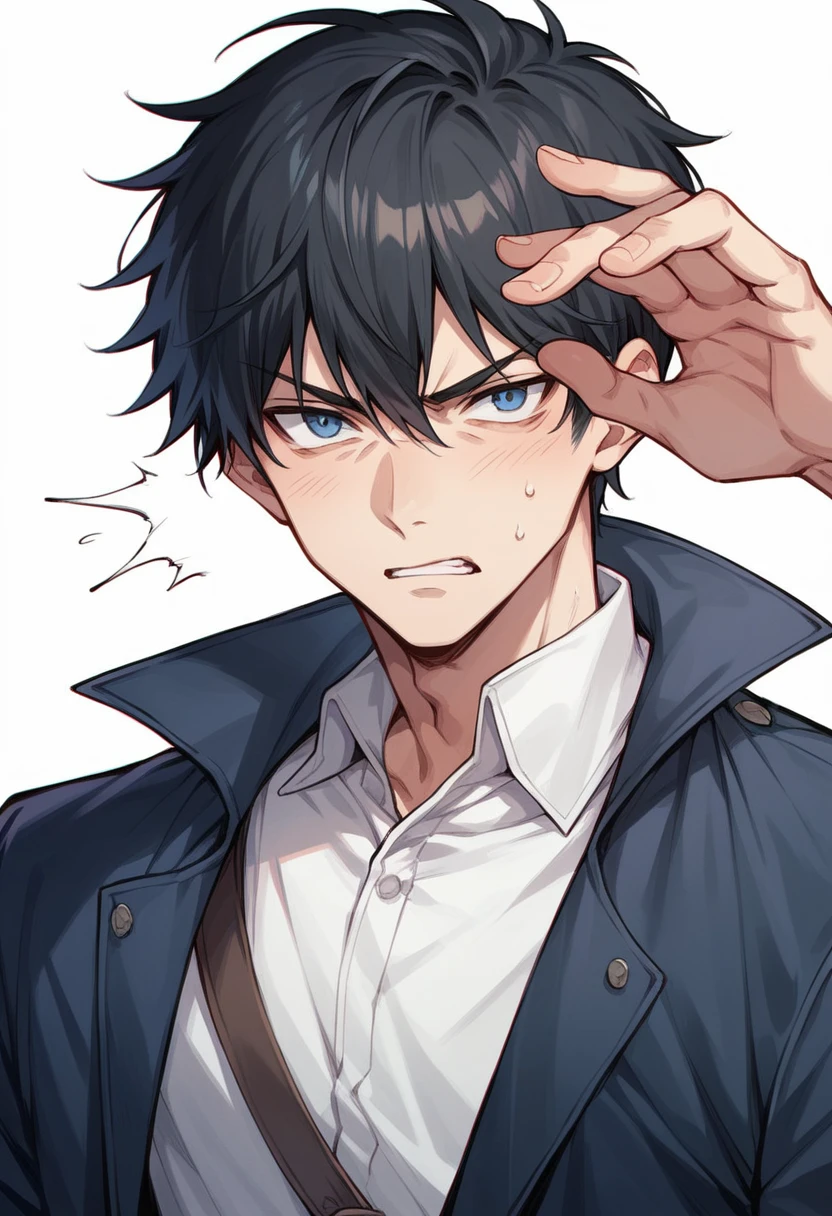 Boy with black hair, blue eyes, threatening look, anime style 