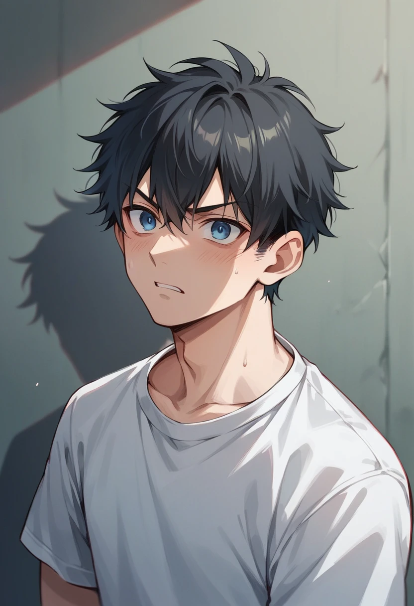 Boy with black hair, blue eyes, threatening look, anime style