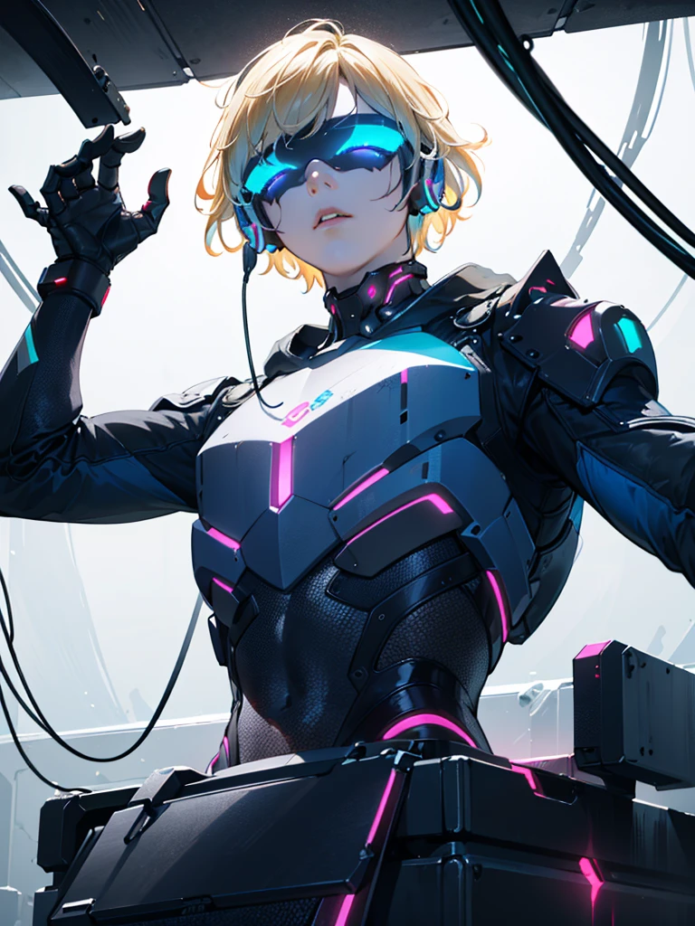 a handsome young age boy, blonde short messy hair, beautiful detailed blue eyes, is a cyborg, futuristic lab, futuristic headset with english text, cyborg crop top armor, mind control device, futuristic gear installed on head, lying on top of futuristic table, mindcontrol device connected to futuristic technology, head connected to wires, bionic, (best quality,4k,8k,highres,masterpiece:1.2),ultra-detailed,(realistic,photorealistic,photo-realistic:1.37),concept art, sci-fi, vivid colors, studio lighting, physically-based rendering, extreme detail description, sci-fi neon-type lighting, from below, looking at viewer, emotionless expression