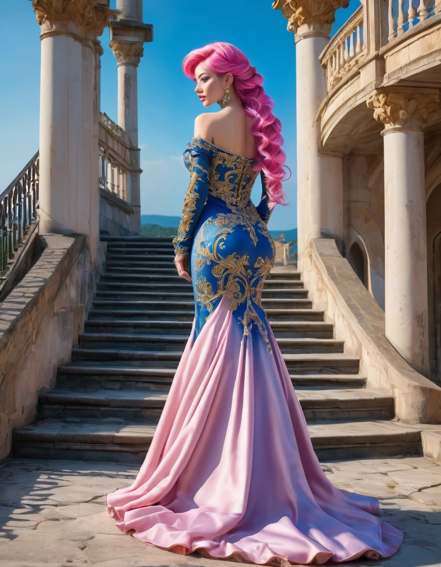 beautifull woamn with pink hair ((masterpiece, Highest quality, Best image quality, High resolution, Realistic, RAW Photos, 8K)), Woman in sapphire blue and gold marine, dress, (Long pink hair, hair tied back, Jeweled wig, Long gloves, Glass Slipper, Bare shoulders, Bare back), Looking back from halfway up the wide staircase leading to the castle, Look down,far away shot,widea angle taken
