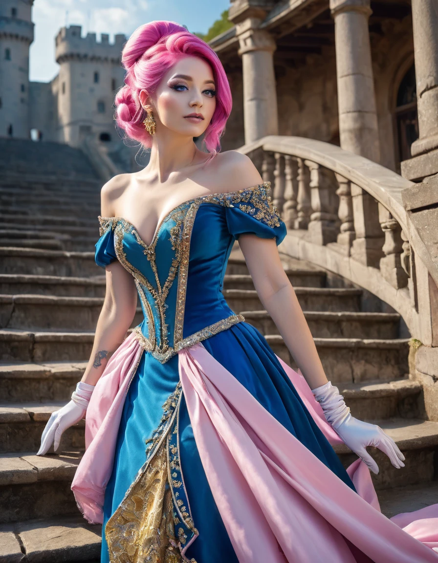 beautifull woamn with pink hair ((masterpiece, Highest quality, Best image quality, High resolution, Realistic, RAW Photos, 8K)), Woman in sapphire blue and gold marine, dress, (Long pink hair, hair tied back, Jeweled wig, Long gloves, Glass Slipper, Bare shoulders, Bare back), Looking back from halfway up the wide staircase leading to the castle, Look down,far away shot,widea angle taken
