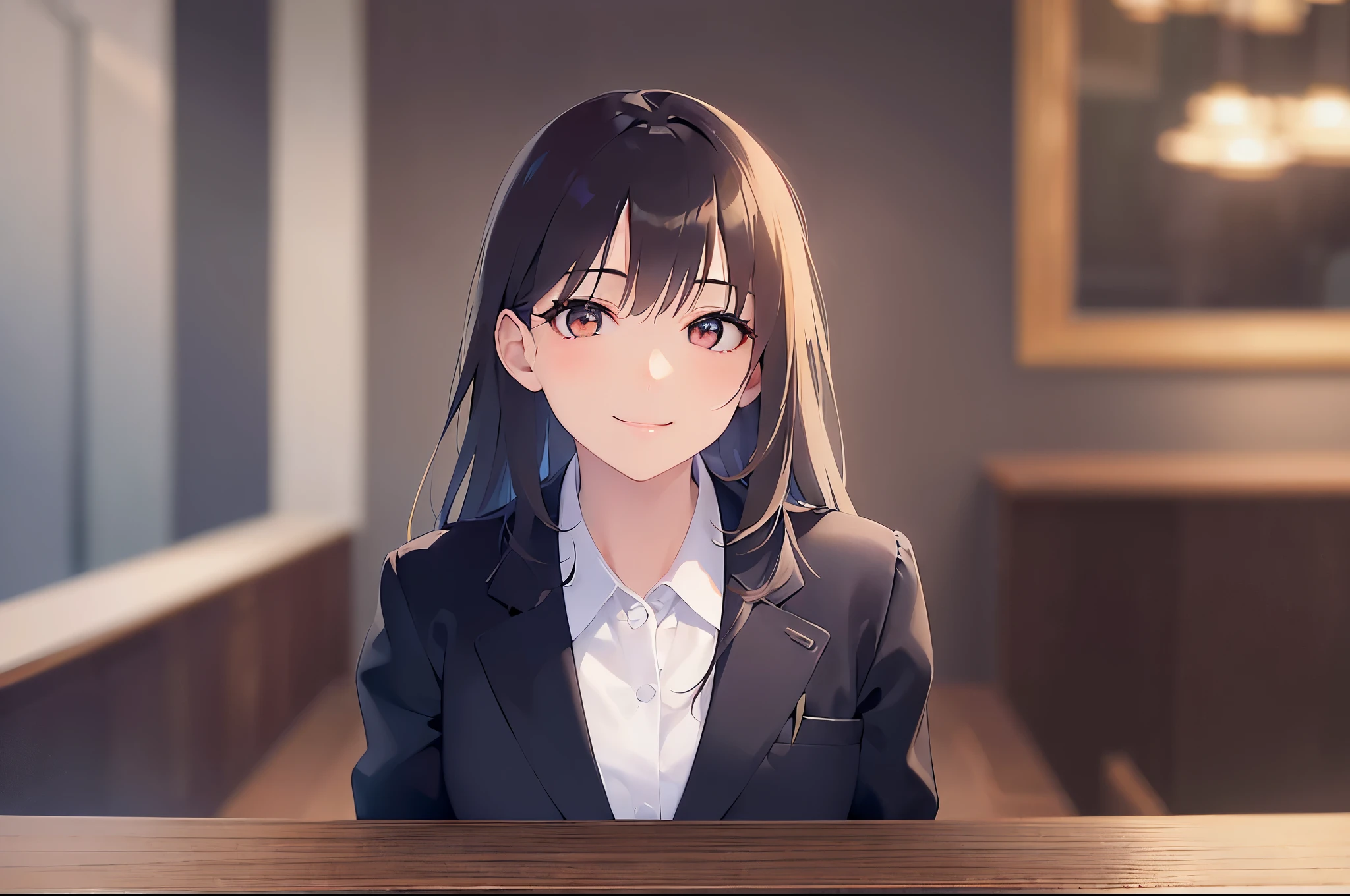 looking at viewer,
Realistic, real person, (pale skin: 1.2), RAW photo, photorealistic, shiny skin, shiny hair、 (A 35-year-old woman with medium-length hair and bangs) and (wavy hair) and (brown hair) and (Orange Eyes) (Wearing a business suit:1.5) and (Wearing a white collared shirt)
blush ,(smile:1.5)、The background is the interior of a dining bar at night.、Alone、Wearing a black jacket