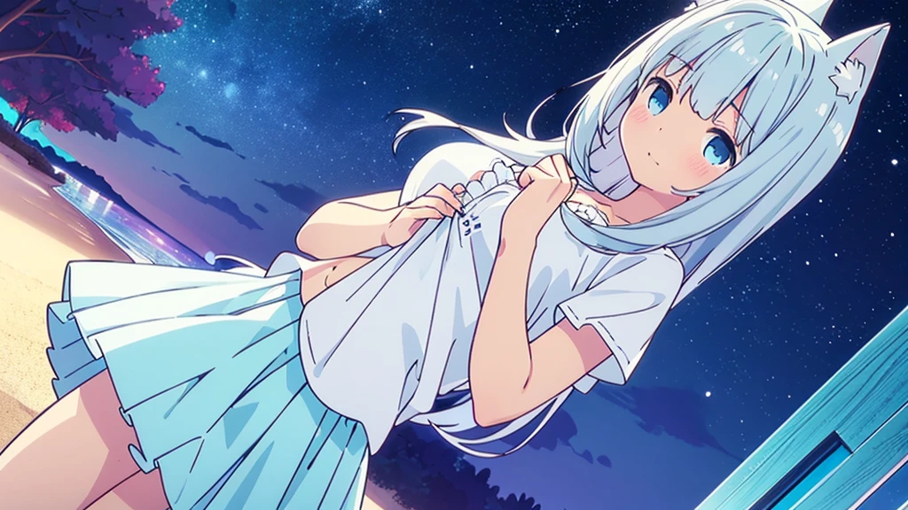A nice white shirt that lets you see. 、Light blue flared skirt with ruffles、She lifts her skirt with both hands to show off her pretty white underwear.、Cute white underwear visible when you lift your skirt.、sandy beach, beautiful sea, night and starry sky small breasts blue hair nekomimi