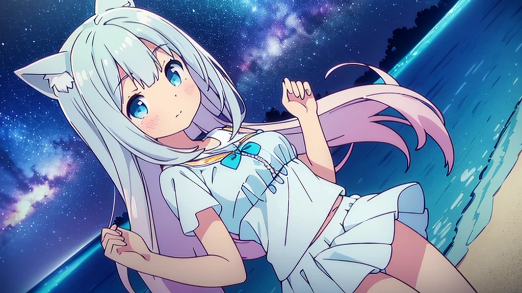 A nice white shirt that lets you see. 、Light blue flared skirt with ruffles、She lifts her skirt with both hands to show off her pretty white underwear.、Cute white underwear visible when you lift your skirt.、sandy beach, beautiful sea, night and starry sky small breasts blue hair nekomimi