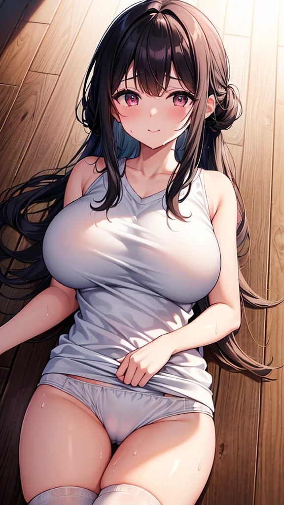 (Cowboy Shot、masterpiece、High resolution、High resolution、High resolution、1 female)、Very close、((Excessive sweat makes clothes transparent、Glowing Skin、very very big breasts))、((Black Hair、Chignon))、A kind smile、Laughing with your mouth open、Pink Lip Gloss、((White, thin V-neck sportswear、High leg white bloomers))、(gym、Lying on a wooden floor)、(My groin gets wet with a lot of sweat)