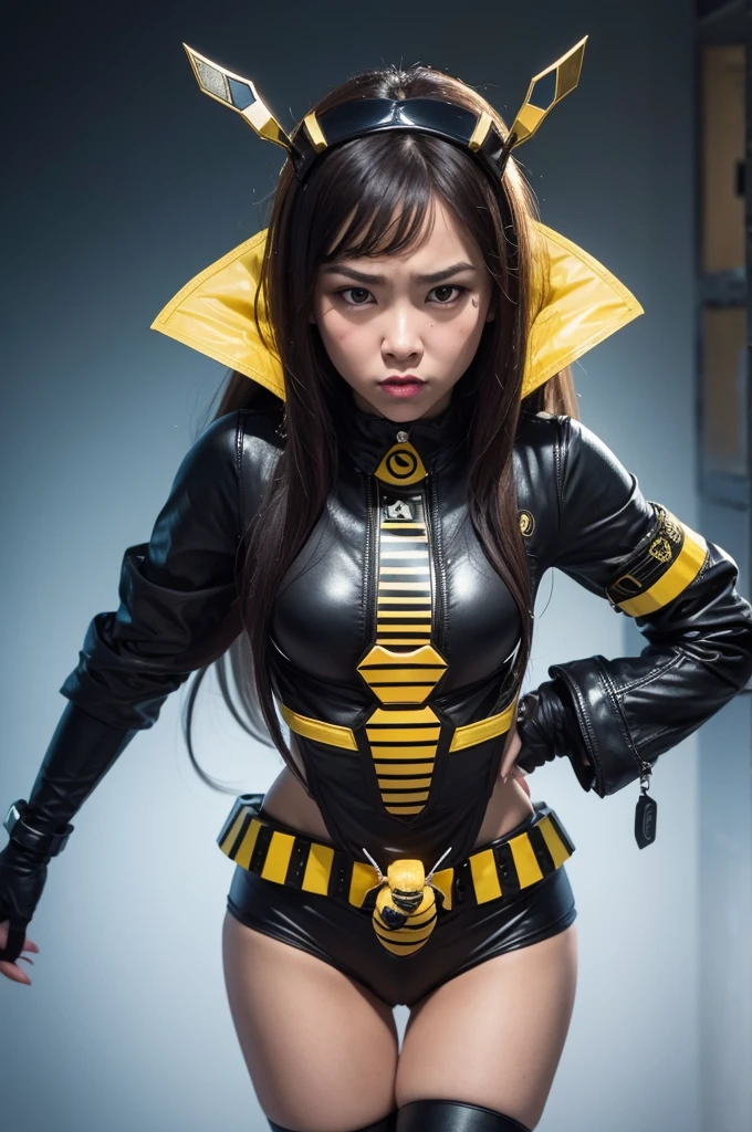 Girl queen bee, facing straight, the face express vengeance with a wide grim