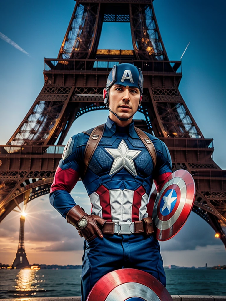 Captain America, colourful speaker headphone mobile phone in front of Paris tower