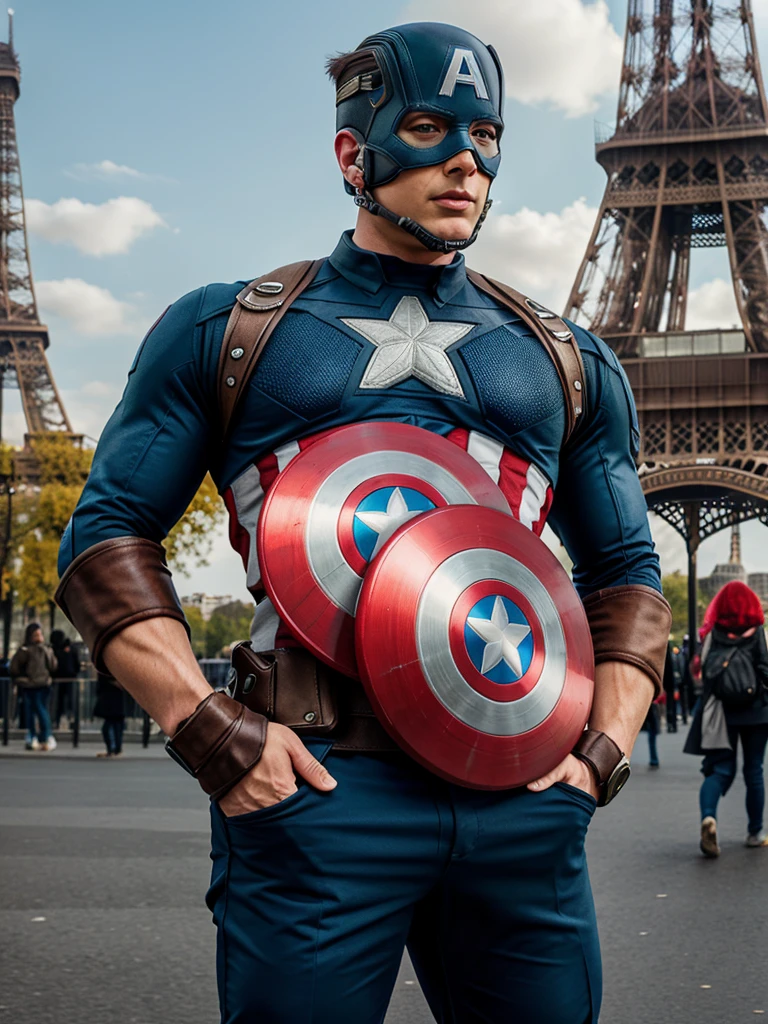 Captain America, colourful speaker headphone mobile phone in front of Paris tower