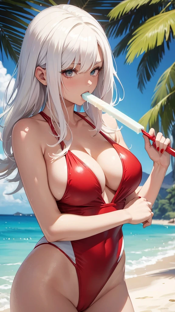 white hair woman, wearing red swimsuit, sucking a popsicle,