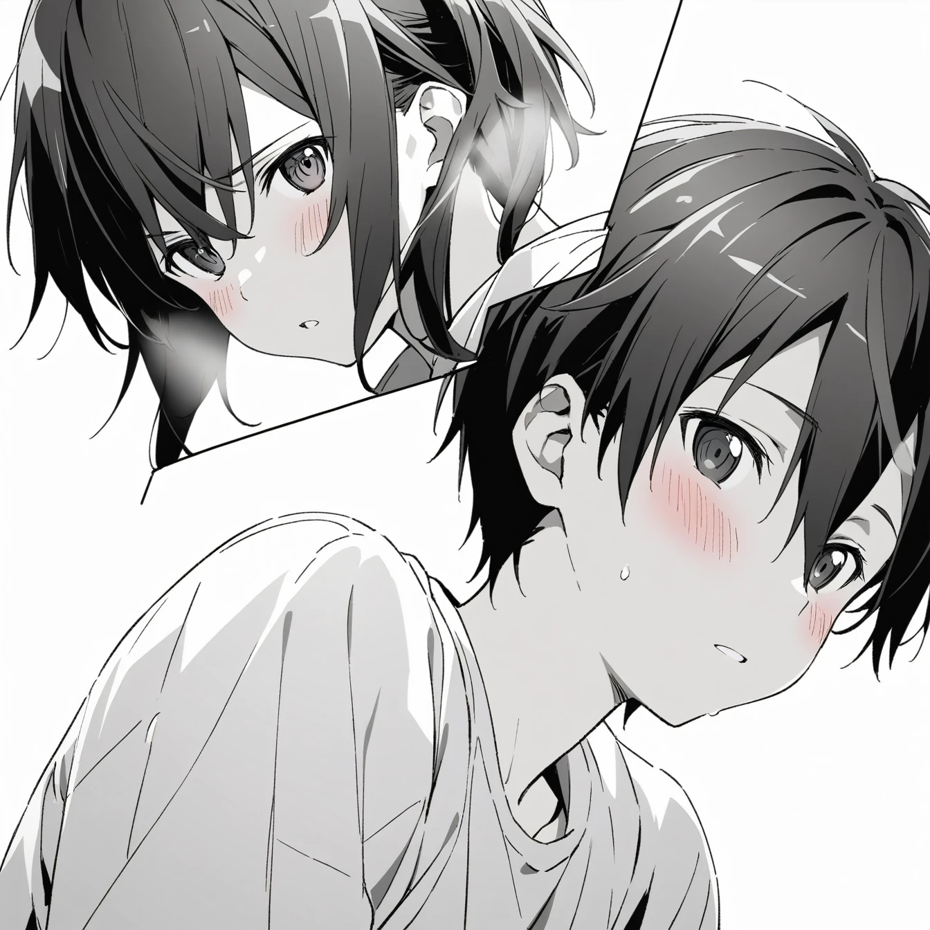 1 Boy, Kirito，Sword Art Online，，Solitary, Viewers, Pure white background，blush, Eye,breathe, avatar，Half Body，Comic style without color，angle, masterpiece, best quality