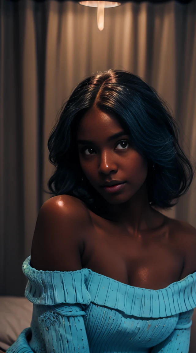 Upper body photo, ((beautiful black woman with flawless dark skin)), long hair with gradient blue shine, clearly defined facial features, large detailed bright blue eyes, (((wearing an off-the-shoulder sweater))) flowers glowing in the background, masterpiece, best high quality image, 96k, uhd, depth of field, 1080P wallpaper, spotlight, focus on character, high quality, incredibly detailed, Amy Sol style UHD image quality