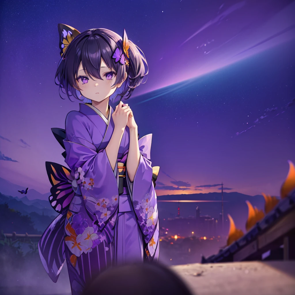 (((Shinobu Kocho))) ((kimono hair ornaments Purple Eyes Black Hair Purple bristles)) ((Purple butterfly)) (star) Catch the wind Shining Background Shining Edge