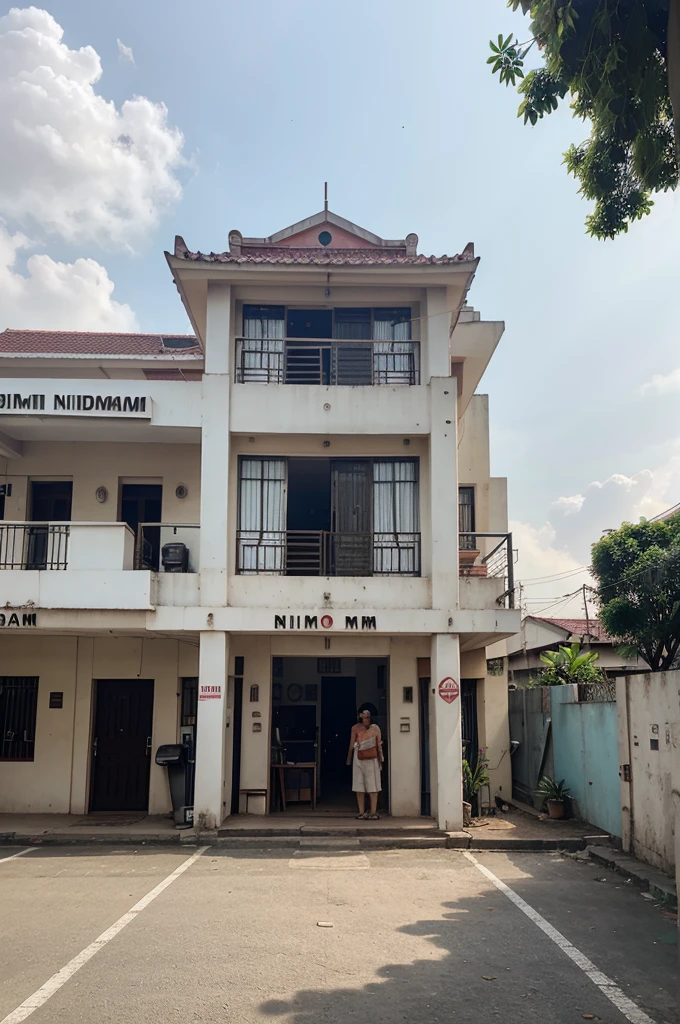 A building name radio nirom. In south Bandung, with working activities outside the building near heartshape pool at front of the building.