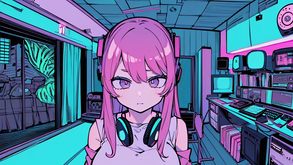 Best quality, (masterpiece), best detail face,1 girl, big breasts, 18 yo, 8k,absurdres,unity 8k wall paper,(extremely detailed:1.3), highest realistic, (retro headphones:), (soft neon light:), (psychedelic), Her room full of music equipment and plants, Light clothing in summer, See the whole room, She is leaving the room, natural color palette