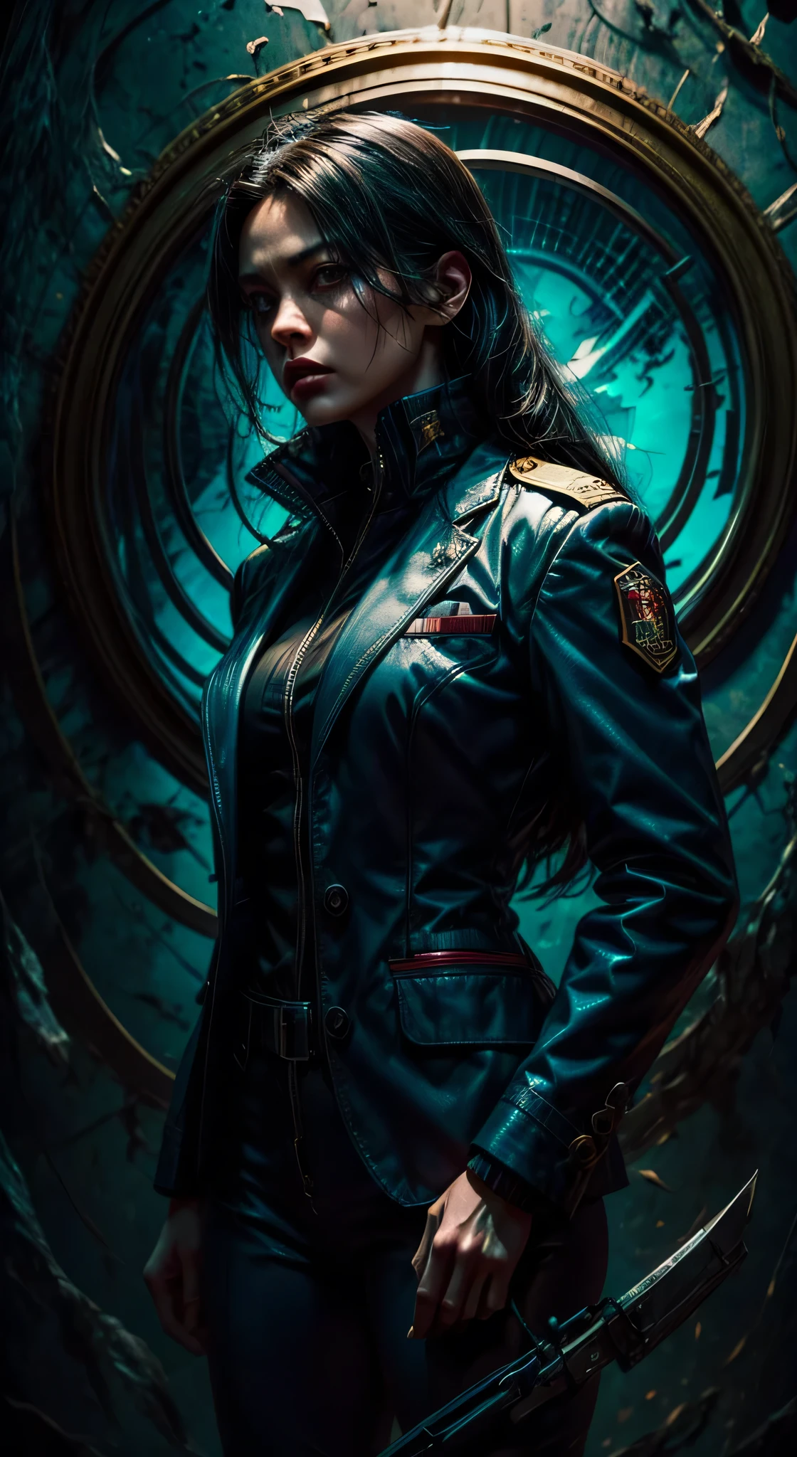 a spy in a suit and uniform, a female killer in a straitjacket, a in a school costume, and the biggest fierce villain, thrilling and adventurous background elements, together make a great movie poster