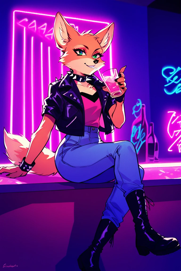 score_9, score_8_up, score_7_up, 1girl, solo, Fara phoenix, furry, neon lights, nightclub, leather jacket, jeans, black boots, spiked collar, sitting, table, drinking, glass, 