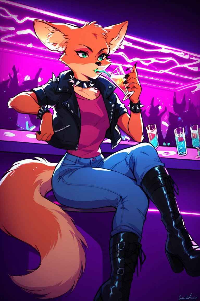 score_9, score_8_up, score_7_up, 1girl, solo, Fara phoenix, furry, neon lights, nightclub, leather jacket, jeans, black boots, spiked collar, sitting, table, drinking, glass, 