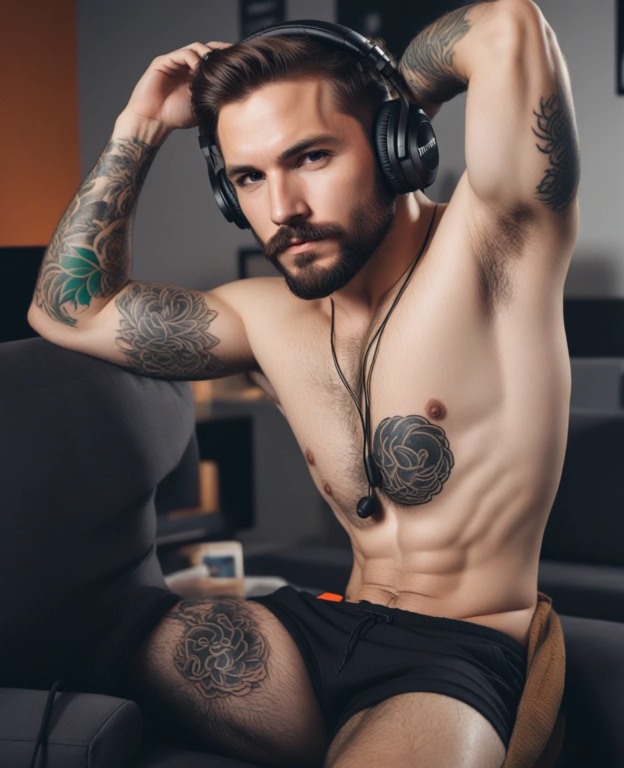 fit man with headphones and a tattoo on his arm, Serpentina do Twitch / gamer ludwig, (sfw) safe for work, hairy chest, hairy arms, hairy chest, bare hairy chest, hairy chest and hairy body, Serpentina do Twitch, thick, hairy neck and chest fuzz, inspired by Ludovit Fulla, hair on the chest, sweaty. steam in air, male sexy