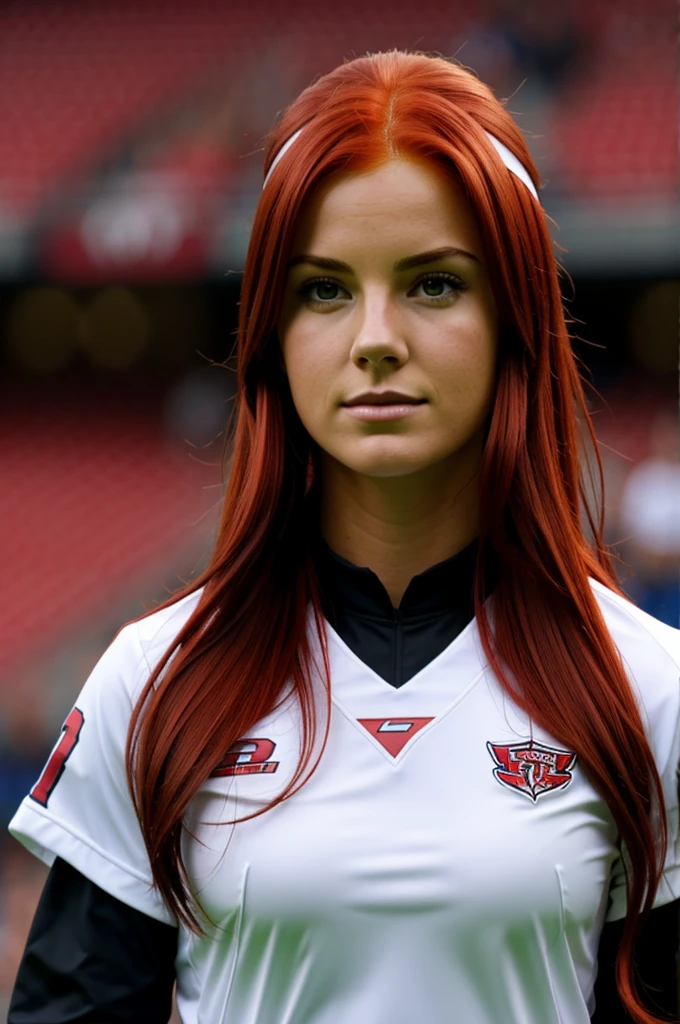 sleeved, red-haired young woman, football