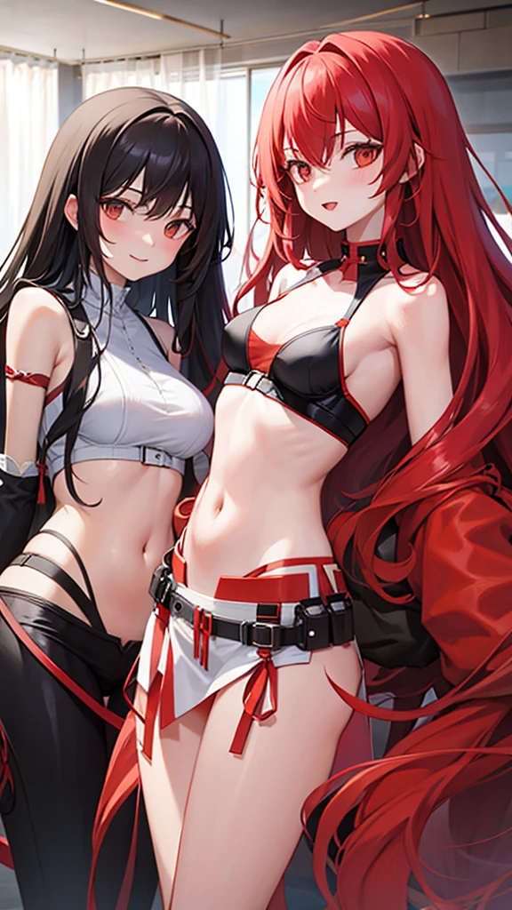 two 18 year old women, (duo), long red hair, curly black hair, posing together, perfect body, slim body, 8k, extremely detailed, best quality