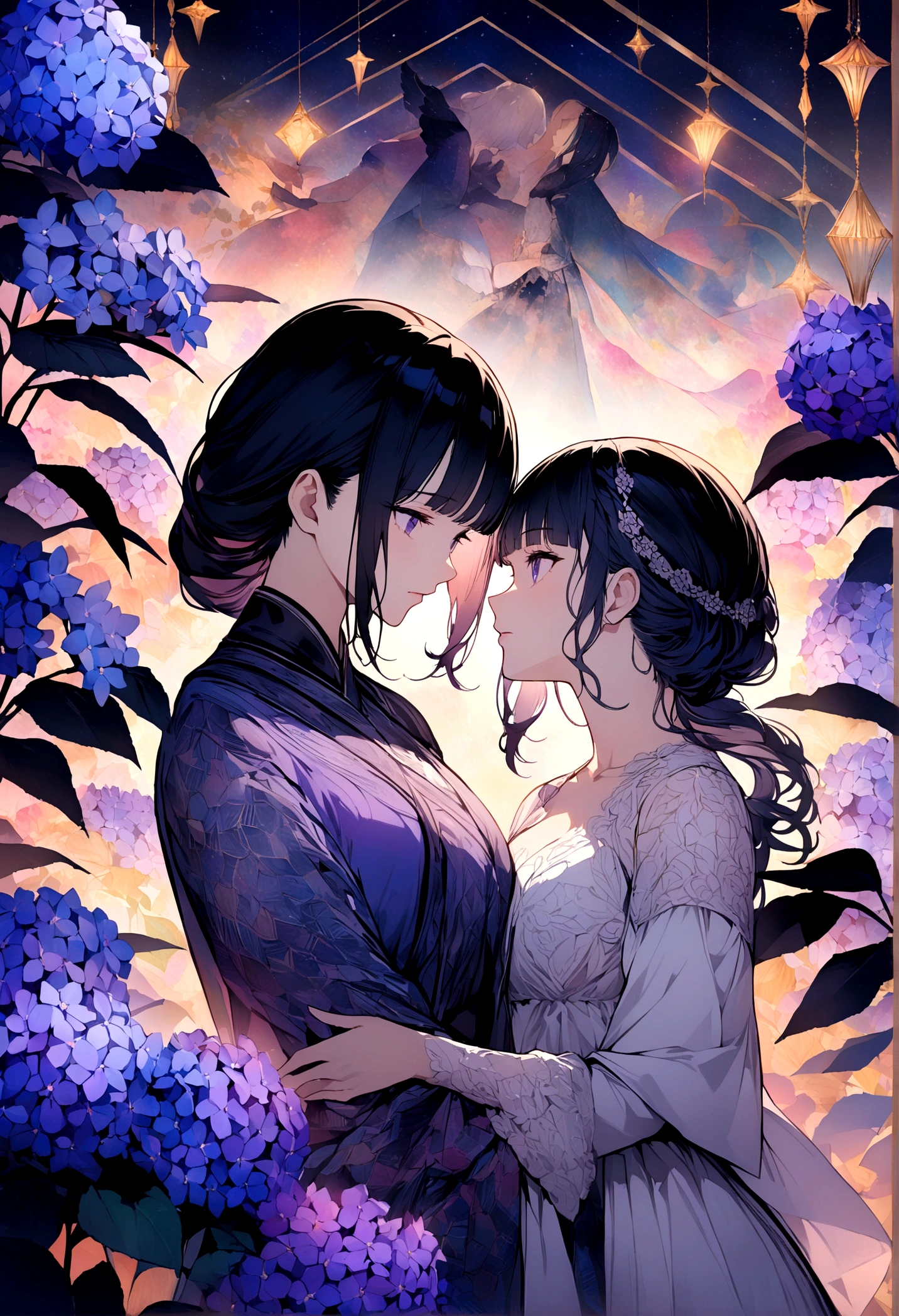 vibrant and colorful illustration,high quality, 8K Ultra HD,Illustrations drawn with colorful, flashy, precise and delicate touches.Fantastic atmosphere. A Beautifu femalel Swordsman with black hair and bangs in a black-and-white lace dress is fighting .she is fighting with swords.The costumes are traditional blue-purple hydrangea flower patterns, and the decorations are delicate and meticulous.High definition.backdrop filled with colorful patterns representing ancient symbols and floral motifs. The background is richly detailed with geometric shapes that add depth to their figure's presence.lovely double exposure image by blending together a galaxy and a blue-purple hydrangea flower.