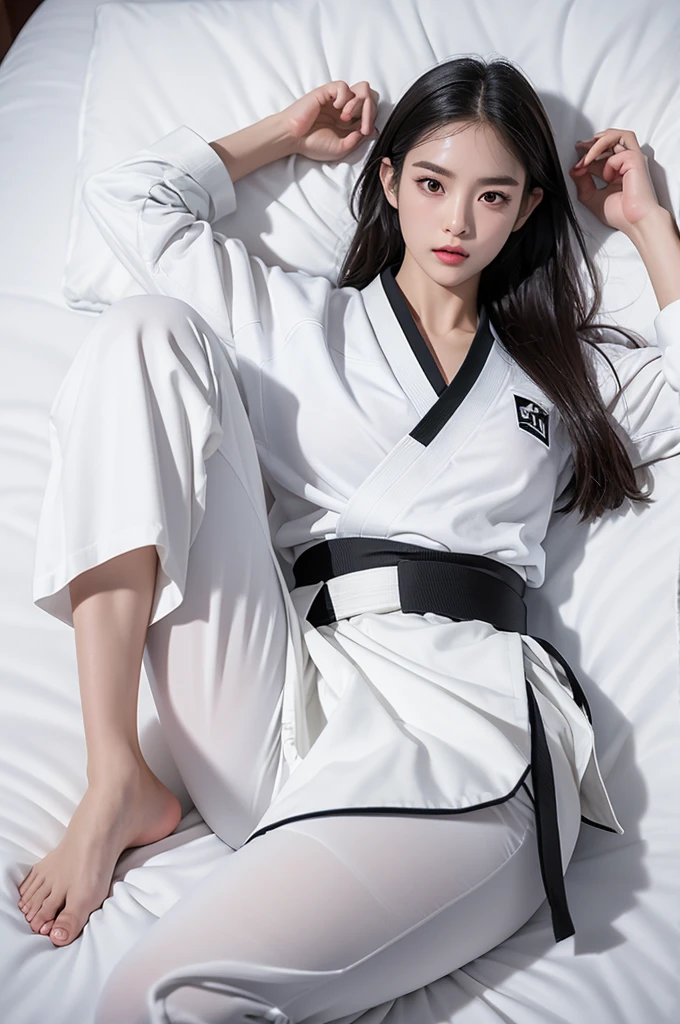 masterpiece, ultra details, best quality, 1 korean taekwondo girl, masterpiece, ultra details, best quality, black long straight hair, wearing sweaty white World Taekwondo Federation dobok uniform with black v-neck, wearing taekwondo blackbelt, wearing white martial arts pants without pockets, large sweaty butt, large breasts, laying on wet hotel bed showing butt, sweat on face