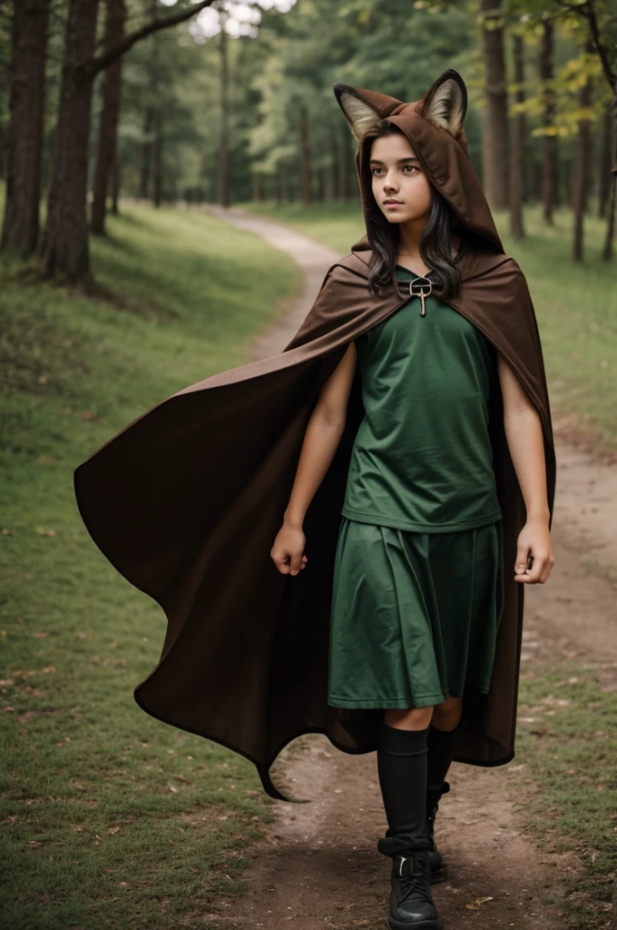 A ager with fox ears and tail, black hands, green shirt and brown cape