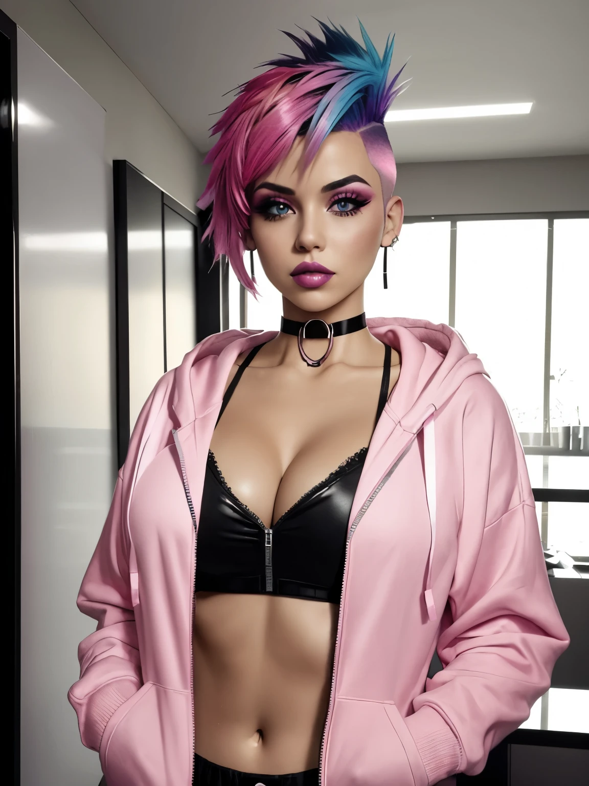 1girl, hooker makeup, bright rainbow gradient hair, mohawk with shaved sides, pink choker, pink bra, indoors, short hair, pink unzipped hoodie, huge breasts