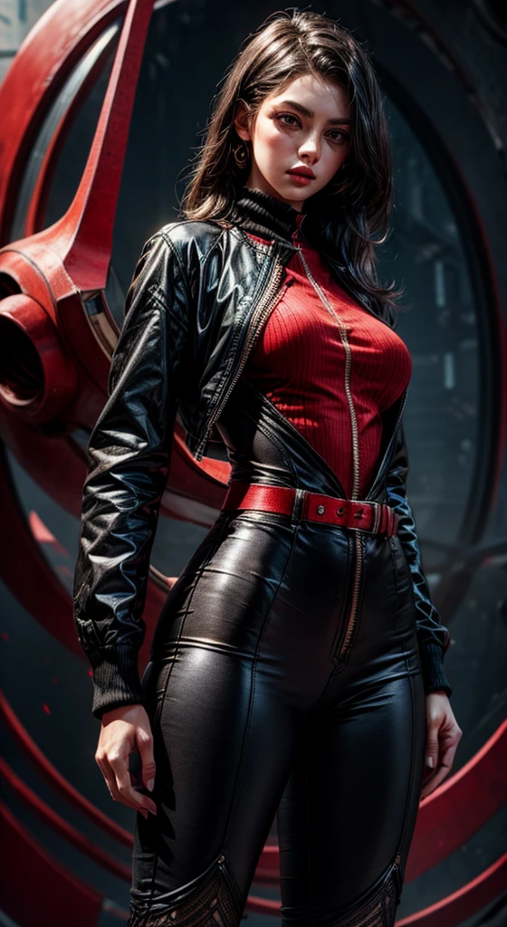 a beautiful spy in a chic fashionable suit with red lining, full frame photo, zoom out, ultra detailed, high resolution,